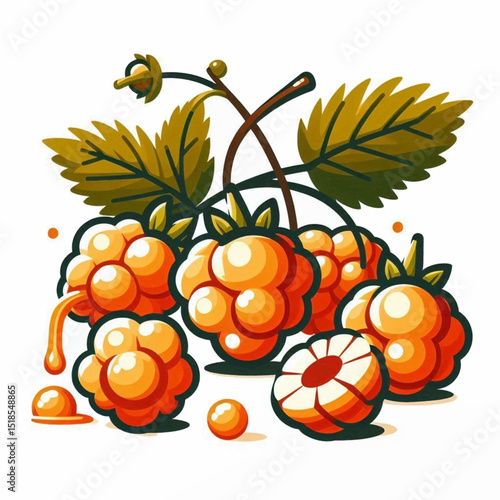 A group of cartoon cloudberries with leaves and stems on a white background