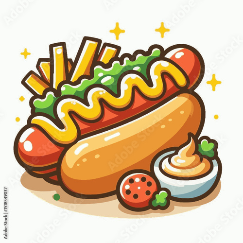 A hotdog complete with mustard relish and a side of french fries and tomato slices