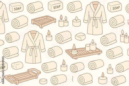 Relaxing spa elements featuring robes, candles, soap, and towels in a soothing arrangement for a wellness atmosphere