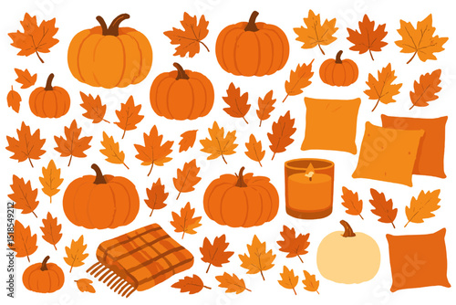 Vibrant autumn elements featuring pumpkins, leaves, and cozy decor for seasonal celebrations and home decor