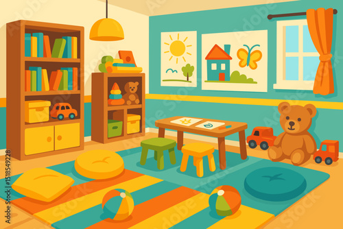 Colorful and cheerful playroom with toys and furniture designed for young children