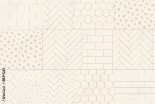 Patterned tile design showcasing various textures and shapes on a light background in a contemporary setting