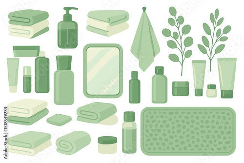 Spa essentials for a relaxing wellness retreat featuring green towels and skincare products