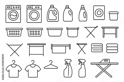 Laundry essentials and tools arranged neatly in a grid format for organized home maintenance