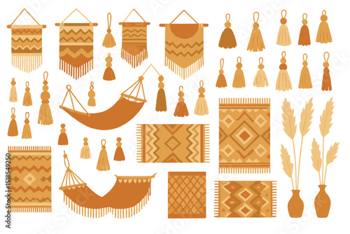Decorative wall hangings, hammocks, and vases displayed in warm earthy tones for creating a cozy interior ambiance