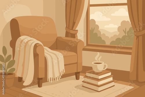 Cozy reading corner with armchair, plant, and steaming coffee cup by the window on a serene afternoon
