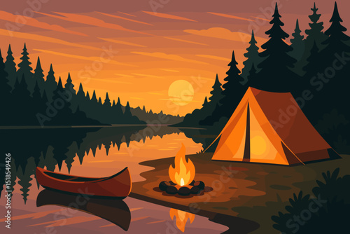 Beautiful sunset at a tranquil campsite with a fire and canoe by the water