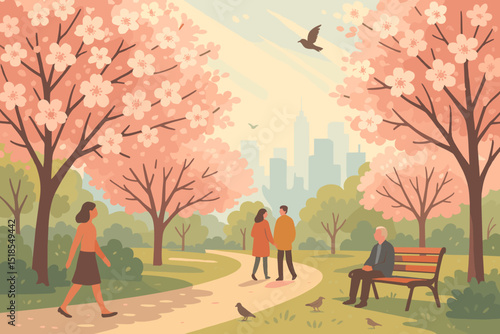 Springtime stroll in a city park with blooming cherry blossoms and lively pathways