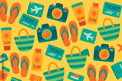 Colorful travel-themed pattern featuring accessories for a summer vacation including tickets, flip-flops, and cameras