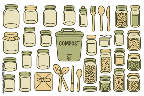 Variety of jars and utensils arranged around a compost bin in a sustainable kitchen setup