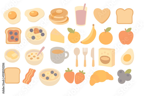 Delicious breakfast spread with a variety of foods arranged on a white background