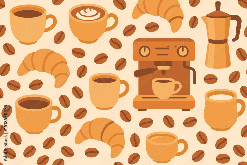 Obraz premium Coffee lovers enjoy brewing rich aromas with croissants and coffee cups in a cozy cafe setting
