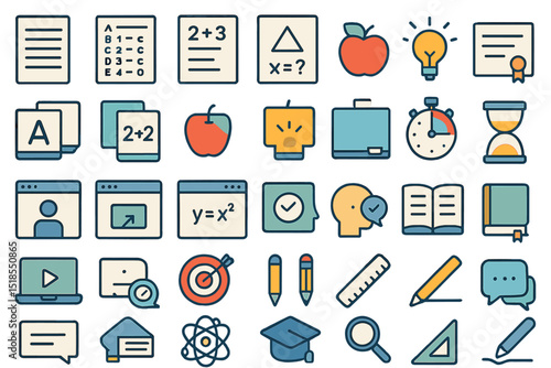 Educational icons representing various subjects and activities in a colorful and engaging manner