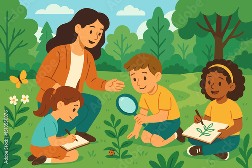 Children explore nature with an adult in a vibrant green outdoor setting, observing insects and plants on a sunny day