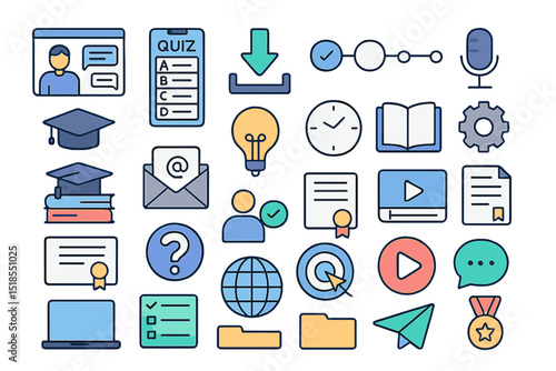 Educational icons representing various online learning tools, activities, and resources in a modern digital setting