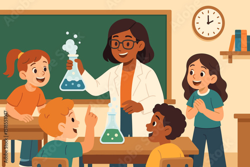 Teacher demonstrates exciting science experiment to enthusiastic students in classroom setting during daytime
