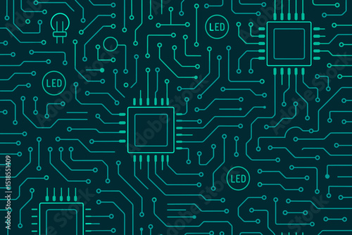 Detailed circuit board design highlighting microchips and LED connections in a modern technological environment