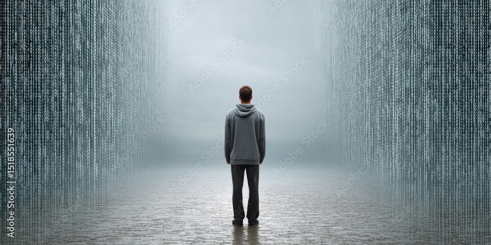 Obraz premium Man Standing Before a Digital Wall of Binary Code