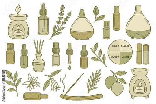 Aromatherapy collection featuring essential oils, diffusers, and natural elements in a calming design