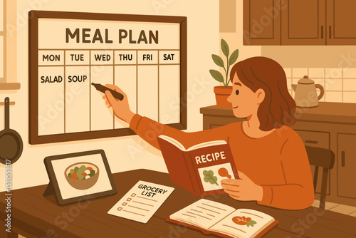 Woman engages in meal planning while preparing grocery list at home in cozy kitchen setting
