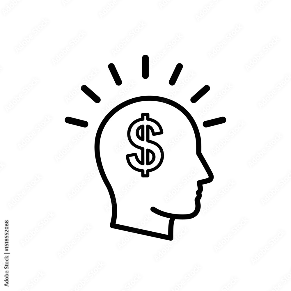 Money Mindset Icon: Outline of a Human Head Profile with a Dollar Sign Inside and Idea Bursts Money Mindset Icon: Outline of a Human Head Profile with a Dollar Sign Inside and Idea Bursts