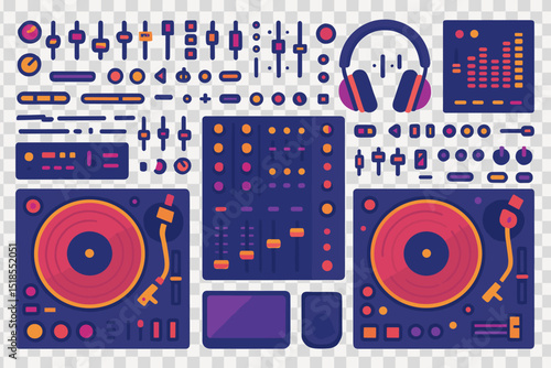 Colorful DJ equipment layout featuring turntables and mixing console in a creative design