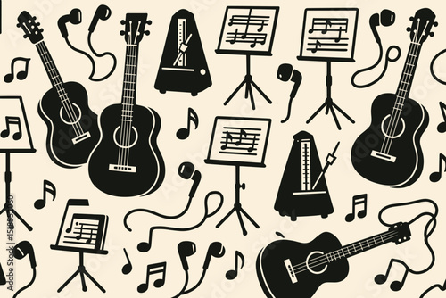 Musical instruments and notes arranged in a creative pattern with guitars, sheets, and audio equipment in a light background