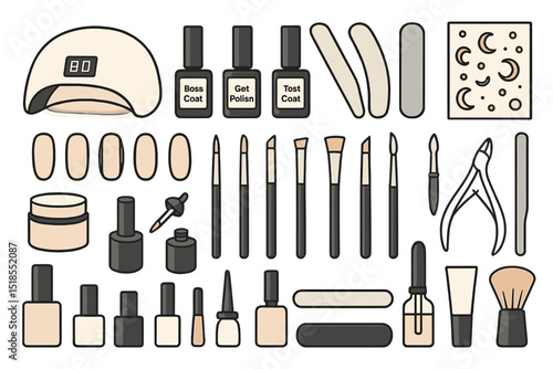 Nail care tools and products arranged on a flat surface in a neat layout for a professional manicure session