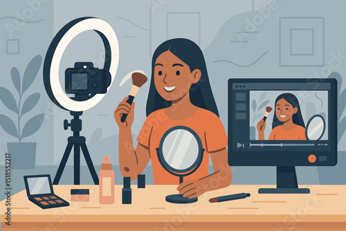 Makeup artist preparing for a live tutorial in a cozy studio with a camera setup and beauty products on the table