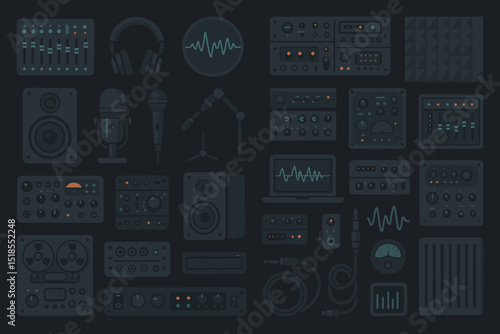 Electronics workspace featuring sound equipment and audio gear for music production at night