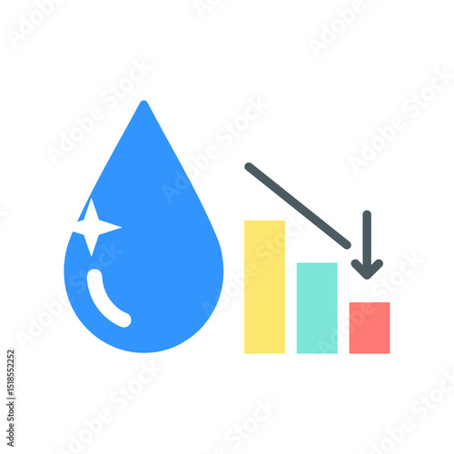 Water Usage Reduction Icon: Blue Water Drop Next to a Decreasing Multi-Color Bar Graph with Downward Arrow