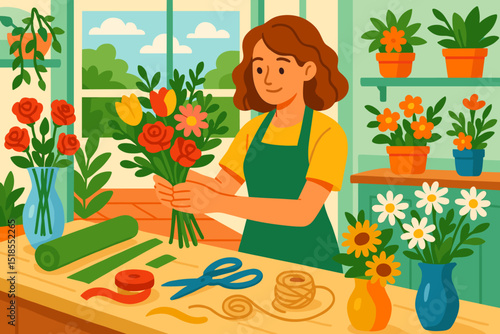 Florist arranging colorful bouquet in a bright shop filled with various flowers on a sunny day