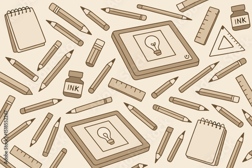 Creative workspace with art supplies and digital tools arranged neatly on a light background