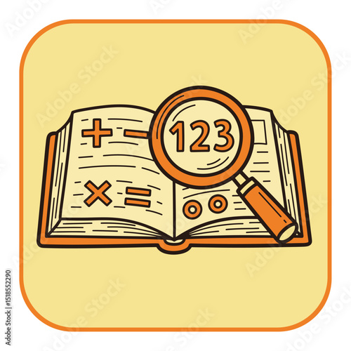 Foto Math Textbook with Magnifying Glass Over Numbers - Education or Research Icon