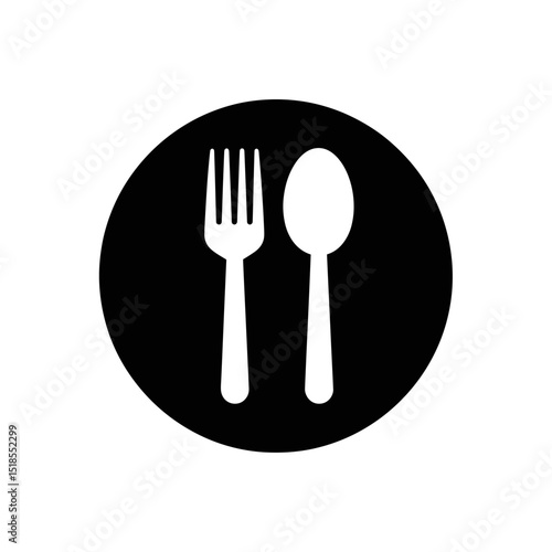 White Fork and Spoon Silhouettes in Black Circle - Dining or Restaurant Icon