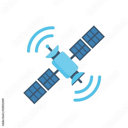 Blue Communication Satellite Icon with Solar Panels and Emitting Signal Waves