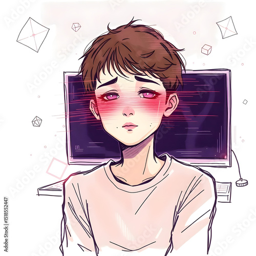 Mystical Sketchnote Portrait of Youth with Glitched Face and Ethereal Aura
