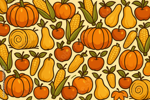 Colorful autumn harvest pattern featuring pumpkins, corn, apples, and squash on a beige background