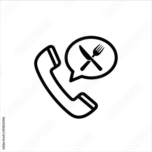 Food Order by Phone Icon - Telephone with Knife and Fork in Speech Bubble (Outline)