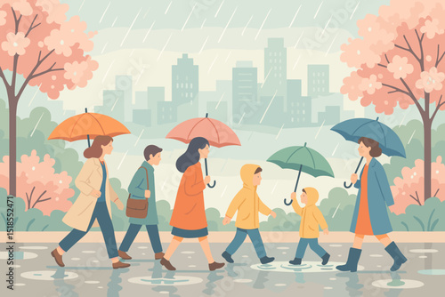 Colorful umbrellas brighten a rainy day as families stroll through a city park with blooming trees and city skyline in the background