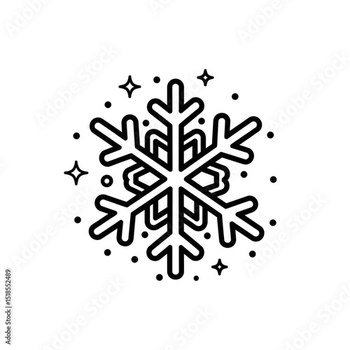Black Outline Snowflake Icon with Decorative Sparkles and Dots, Symbolizing Winter or Christmas