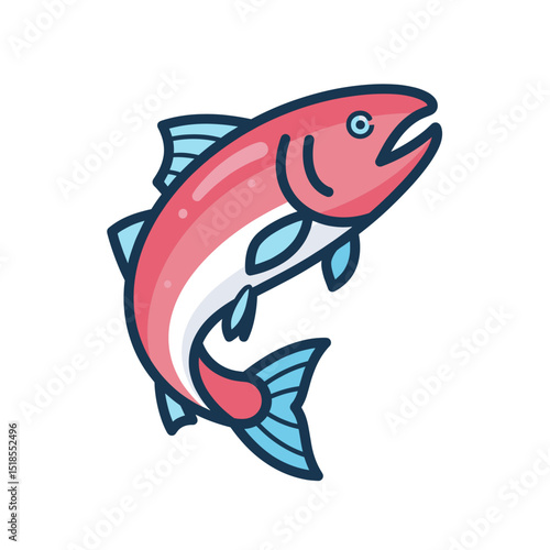 Cartoon Illustration of a Pink and Blue Salmon Fish Jumping Out of Water