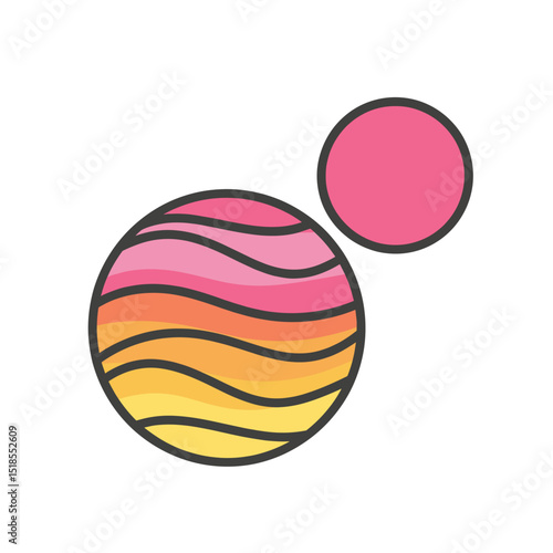 Abstract Icon of a Wavy Striped Planet in Pink, Orange, and Yellow with a Smaller Pink Moon or Satellite