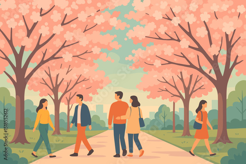 Couples stroll beneath flowering cherry trees in a vibrant park during springtime