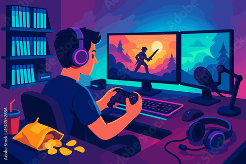 Gaming enthusiast immersed in multiplayer adventure while snacking on chips in a colorful room during evening hours