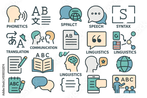 Exploring various aspects of linguistics through diverse icons and symbols in an educational context