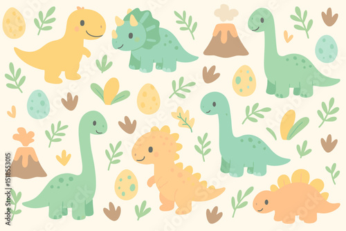 Colorful cartoon dinosaurs and their playful surroundings in a whimsical landscape