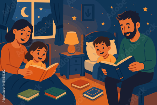 Family reading together in warm evening light during bedtime routine in cozy bedroom