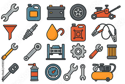 Tool assortment for automotive maintenance displayed on a white background with various components including wrenches and fuel cans