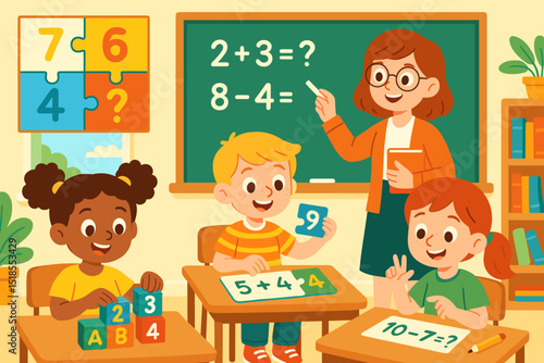 Children engaged in math activities with a teacher in a colorful classroom setting